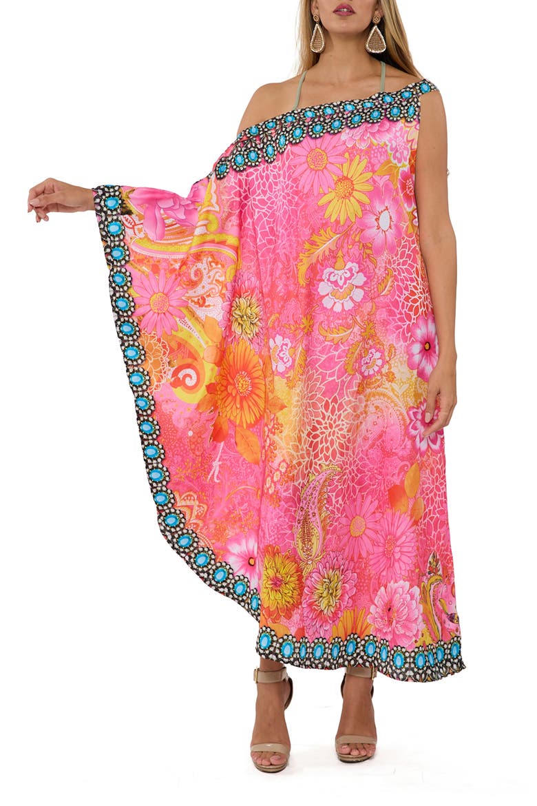 Crystal Embellished Floral Print One-Shoulder Dress, Main, color, PINK