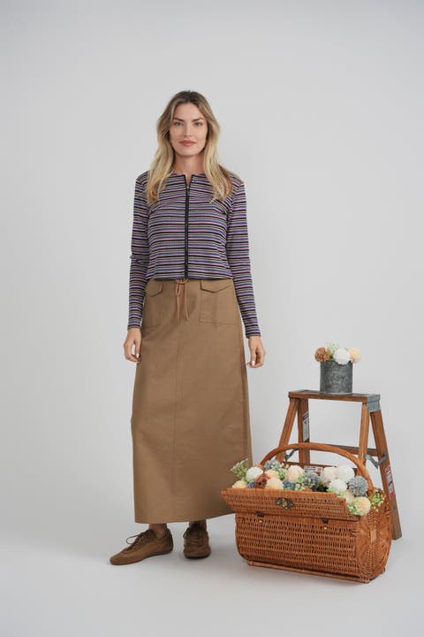 Zip Striped Tee - Long Sleeve Cotton Blend with Front Zipper