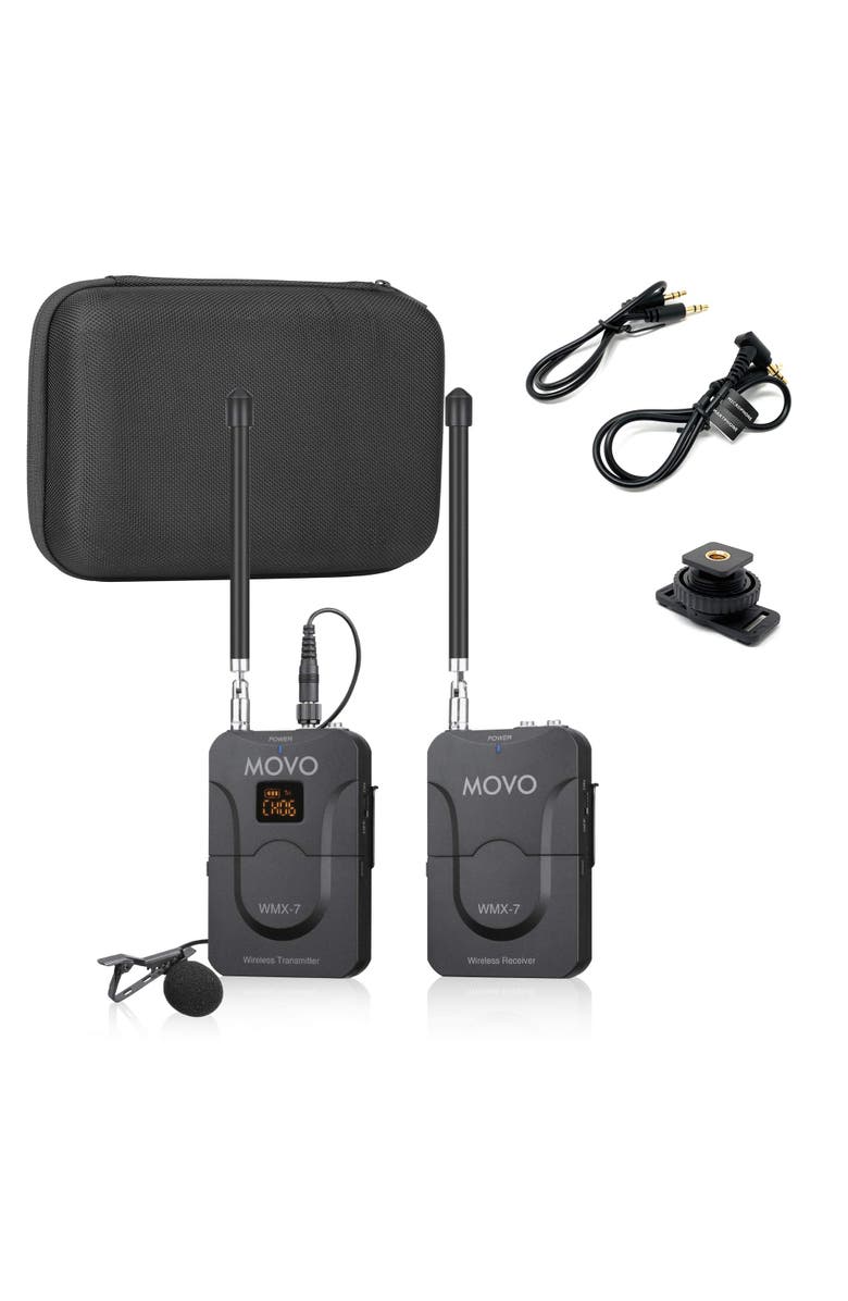 MOVO WMX-7 VHF 12-Channel Wireless Lavalier Microphone System Compatible with DSLR Cameras, Camcorders, Smartphones, Main, color, Black