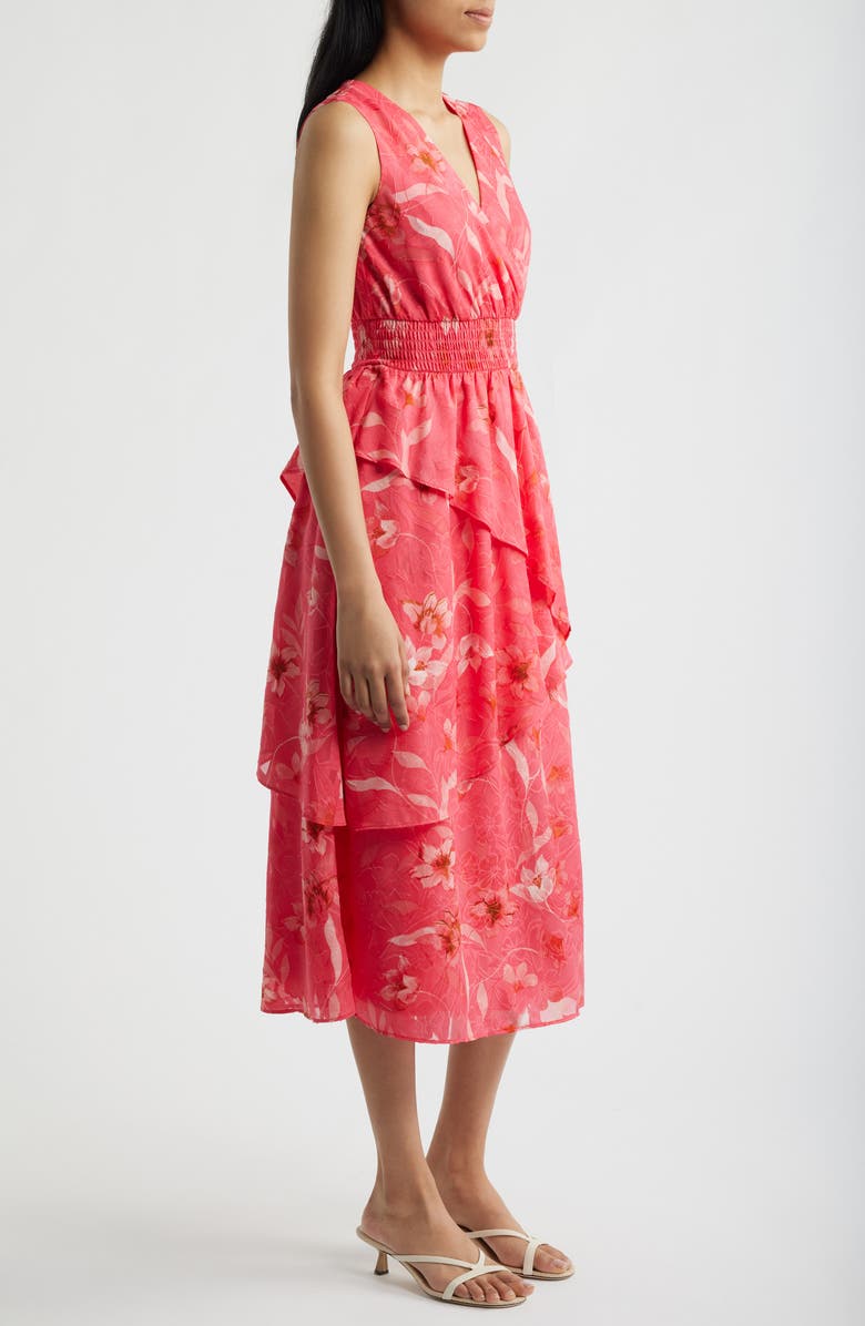 Anne Klein Tiered Asymmetric Midi Dress, Alternate, color, Grenadine Multi