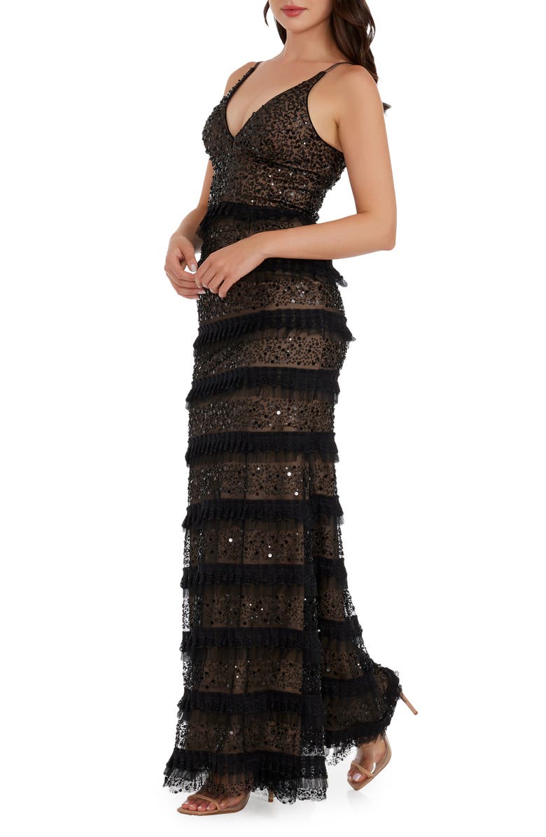 Dress the Population Guinevere Sequin Ruffle Gown, Alternate, color, Black/ Beige