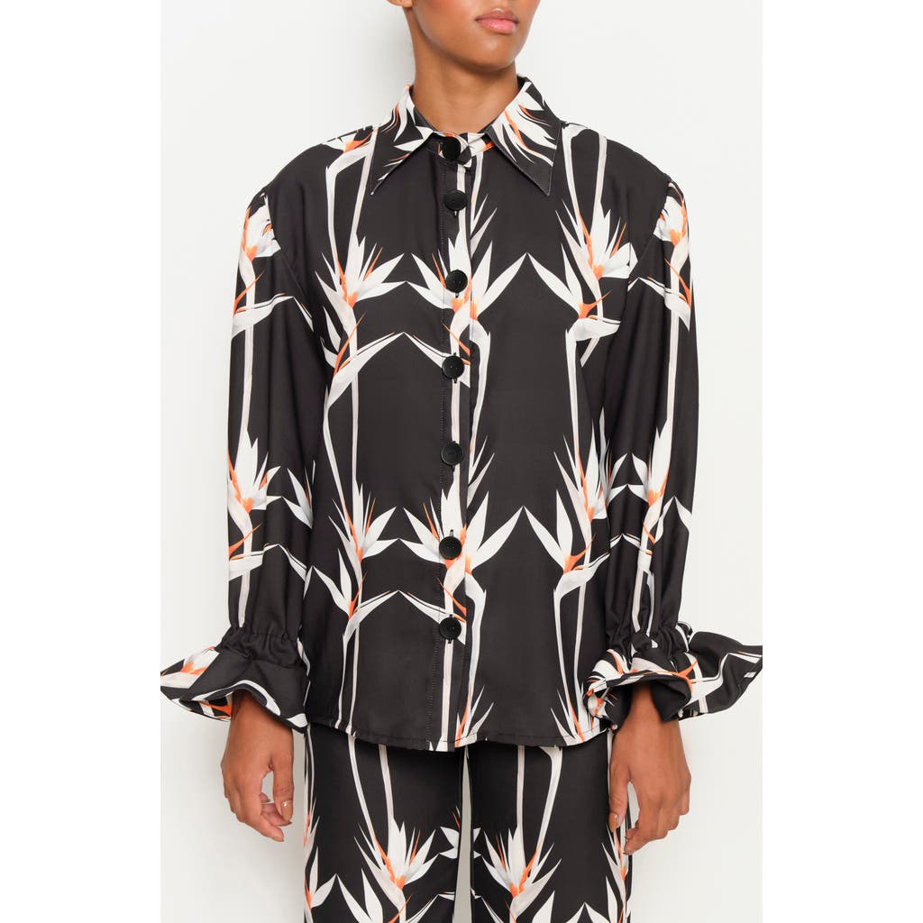 The Lulo Project Teresa Floral Button-up Shirt In Birds Of Paradise Black