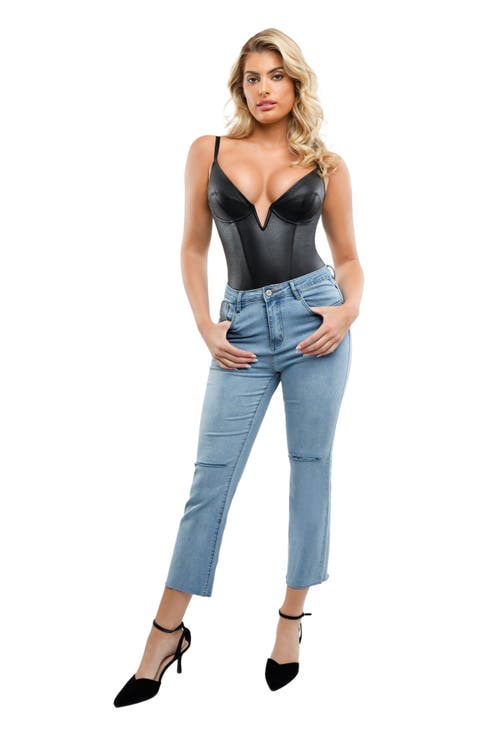 Shapewear Faux Leather Plunging V Sculpting Corset Bodysuit