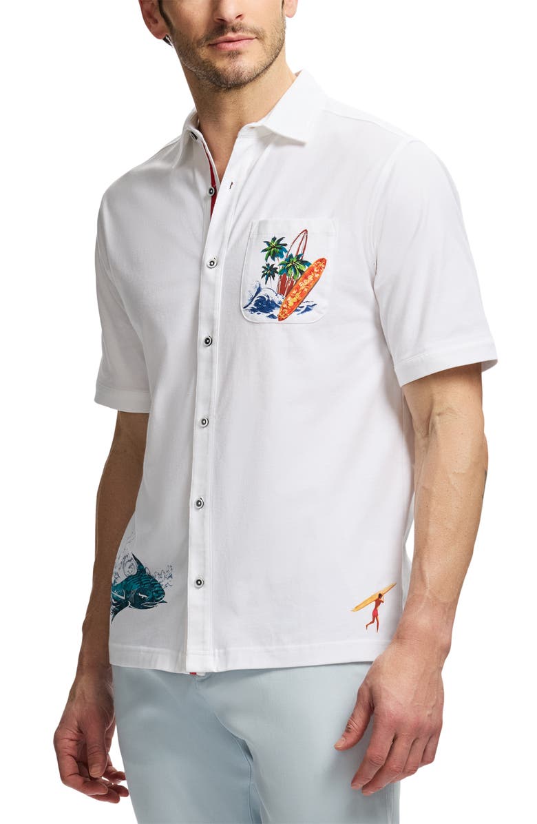 Robert Graham Good Surf Short Sleeve Cotton Knit Button-Up Shirt, Alternate, color, White