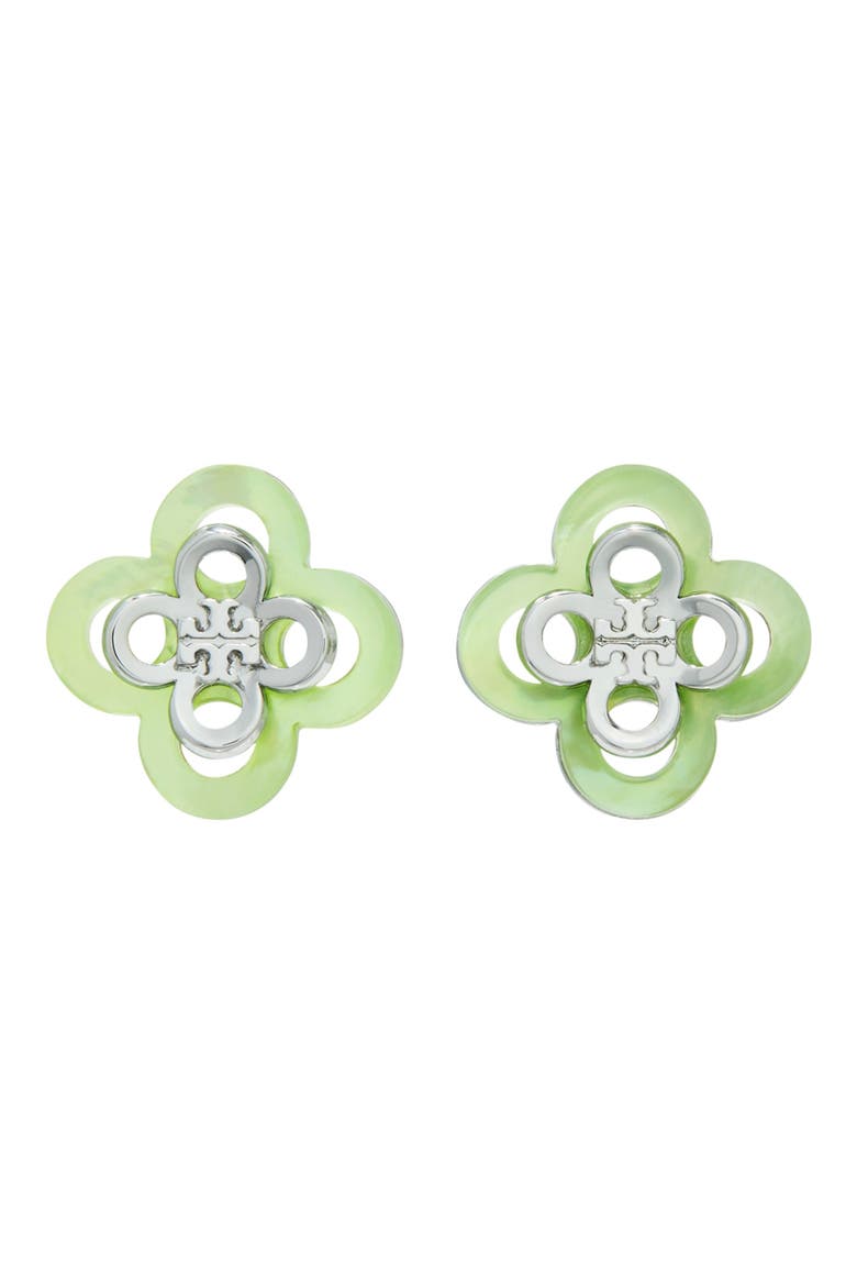 Kira Clover Stacked Stud Earrings, Main, color, TORY SILVER / MINT