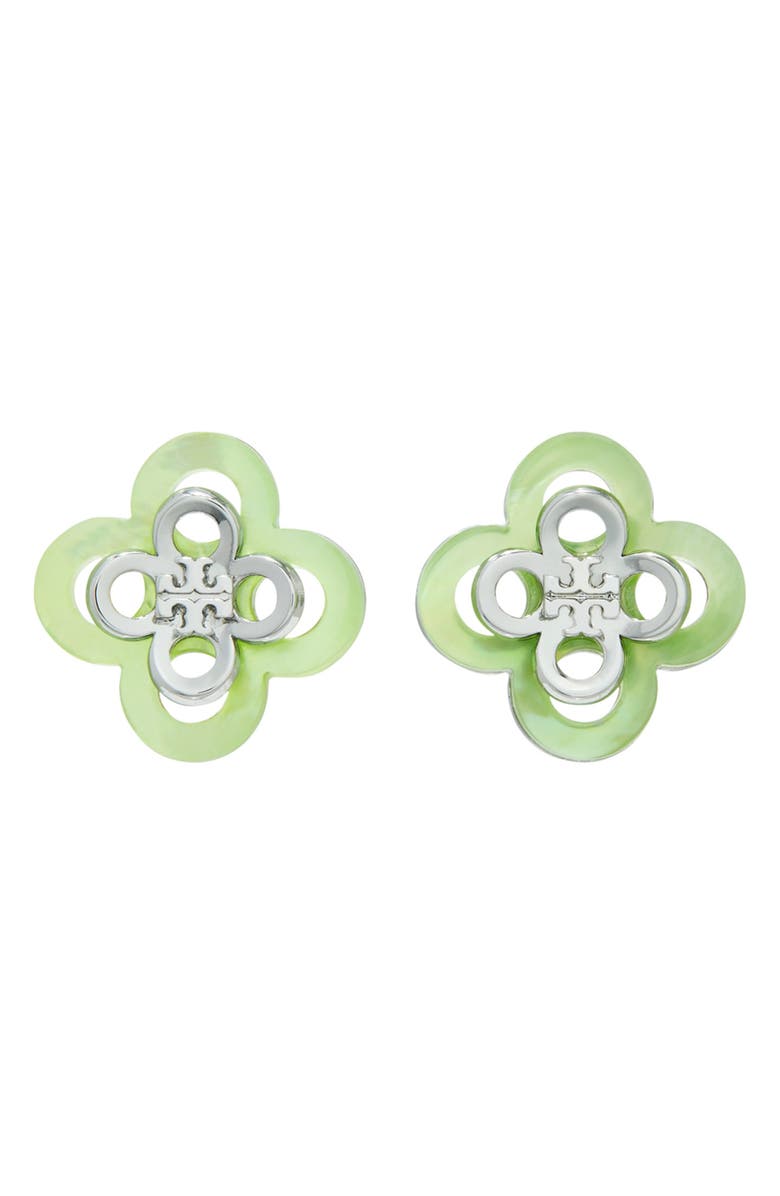 Tory Burch Kira Clover Stacked Stud Earrings, Main, color, Tory Silver / Mint