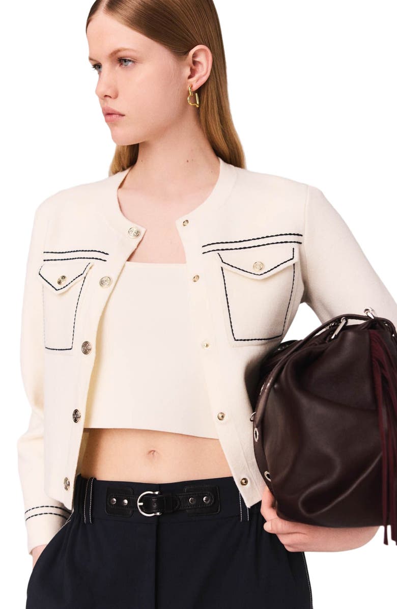 maje Topstitched cropped cardigan, Alternate, color, Ecru