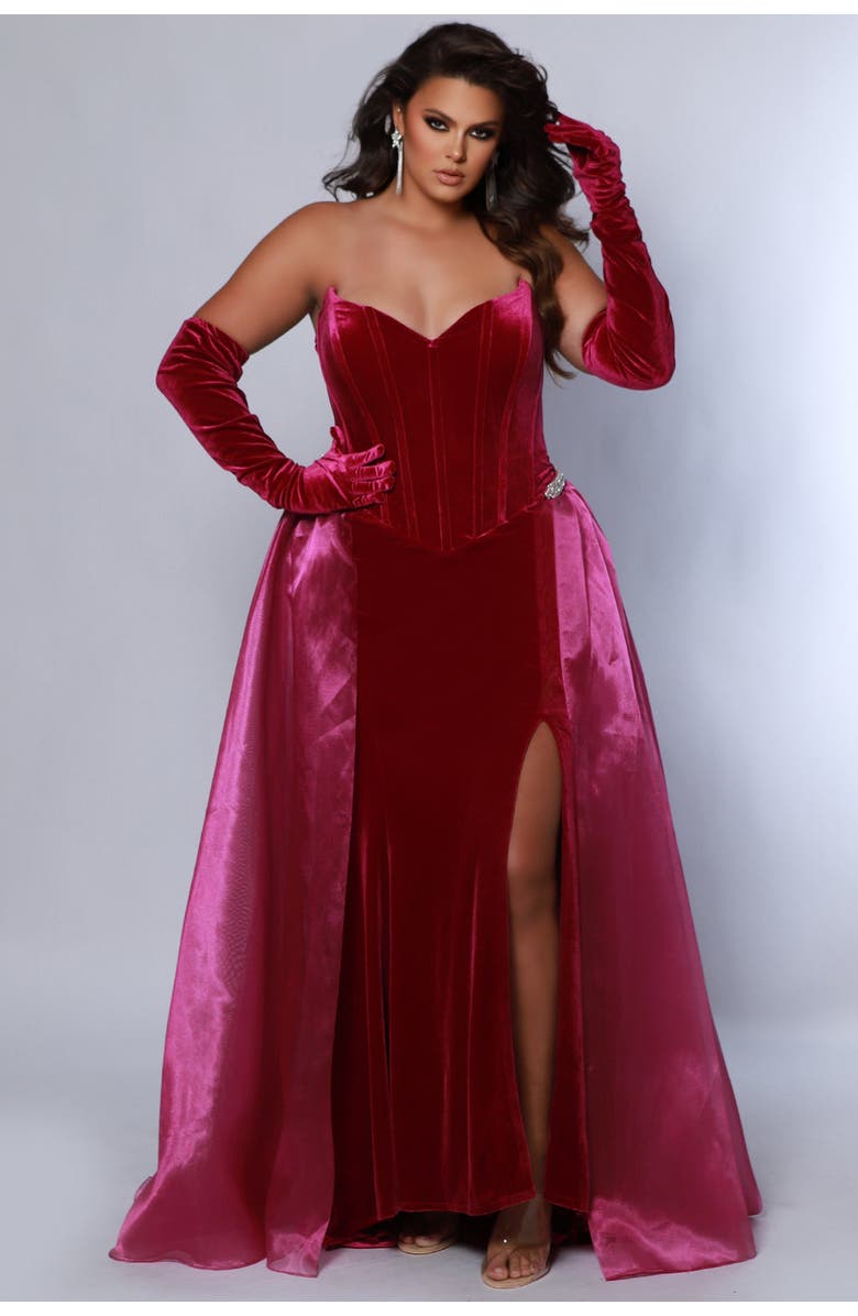 Johnathan Kayne for Sydney's Closet Strapless Velvet Corset Plus Size Evening Gown with Gloves, Main, color, Berry
