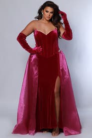 Johnathan Kayne for Sydney's Closet Strapless Velvet Corset Plus Size Evening Gown with Gloves