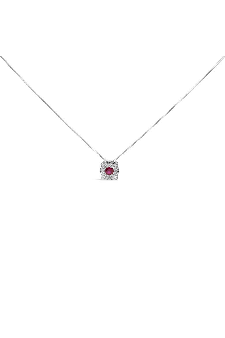 14K White Gold Red Ruby and 1/3 Cttw Diamond Halo Pendant Necklace, Main, color, White Gold