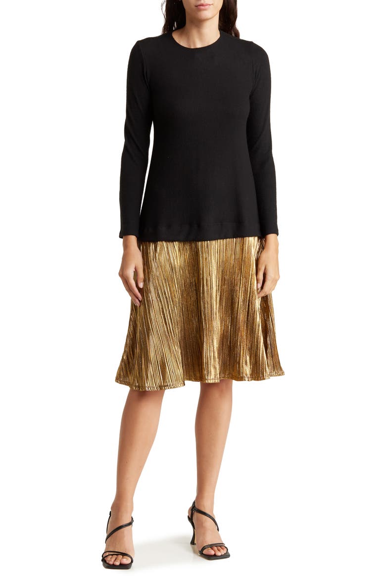 Long Sleeve Metallic Skirt Mixed Media Dress, Main, color, BLACK GOLD