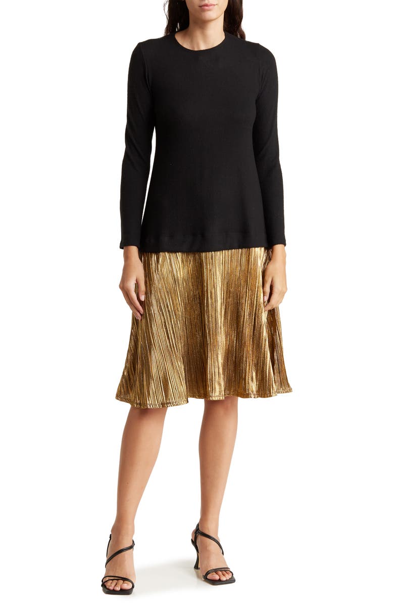 GO COUTURE Long Sleeve Metallic Skirt Mixed Media Dress, Main, color, Black Gold