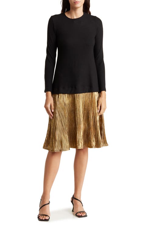 Long Sleeve Metallic Skirt Mixed Media Dress