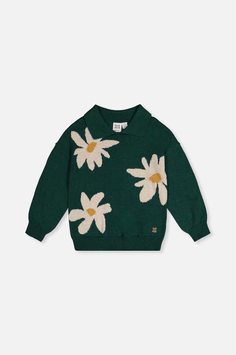 Knitted Daisy Jacquard Shirt Collar Sweater