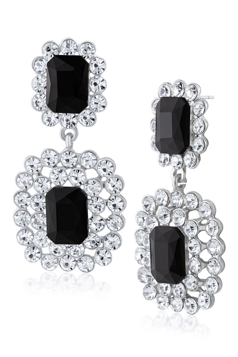 Emerald Cut Stone Drop Earrings, Main, color, BLACK/ CLEAR SILVER