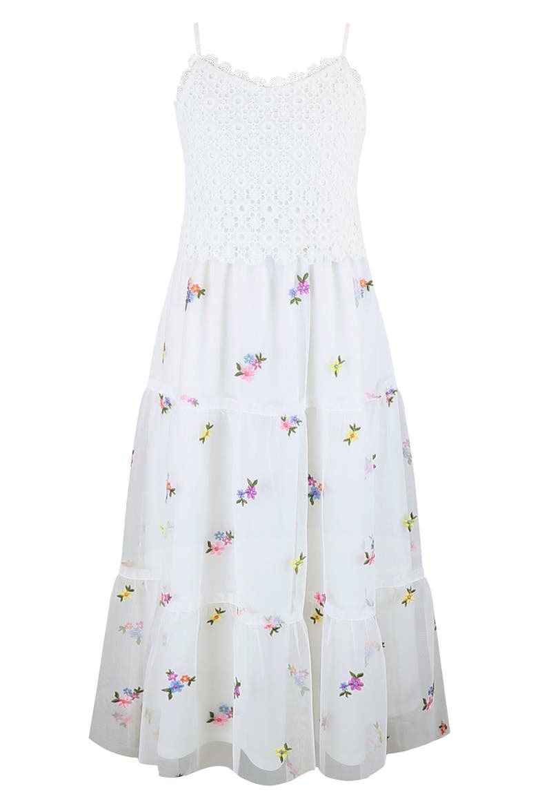 Kids' Crochet Bodice Floral Embroidered Tiered Mesh Maxi Dress, Main, color, WHITE