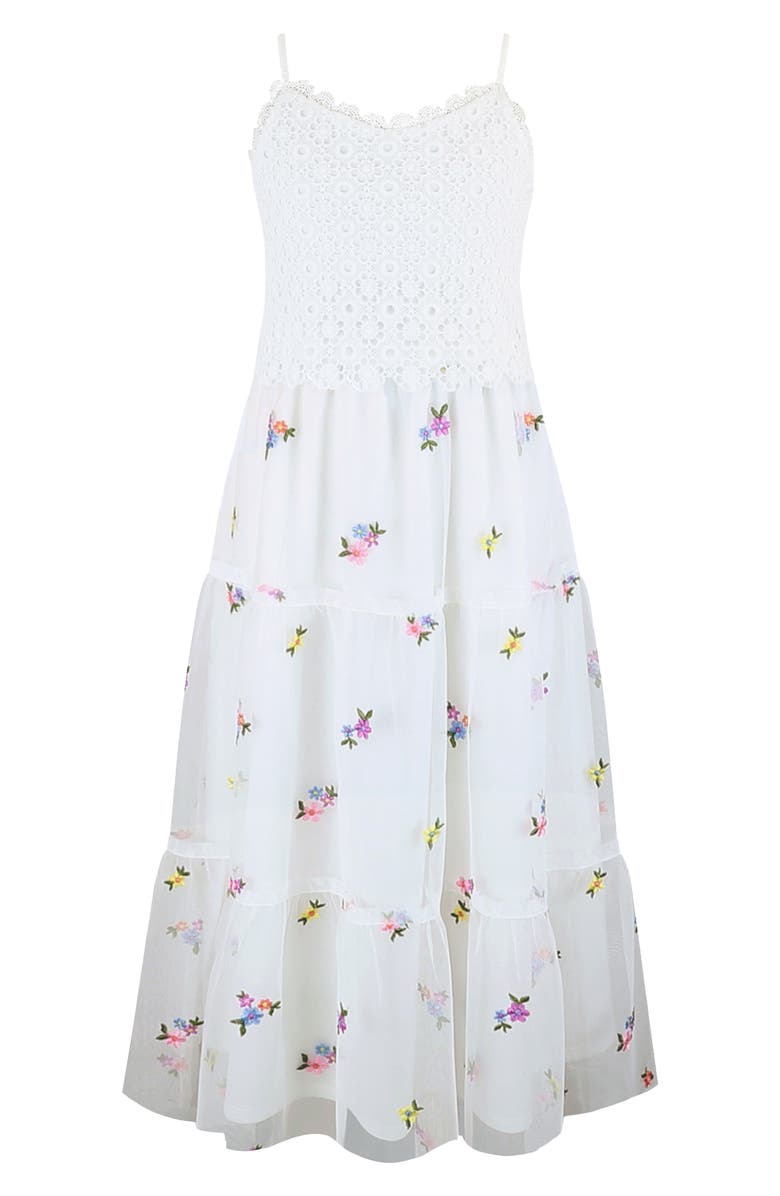 Zunie Kids' Crochet Bodice Floral Embroidered Tiered Mesh Maxi Dress, Main, color, White