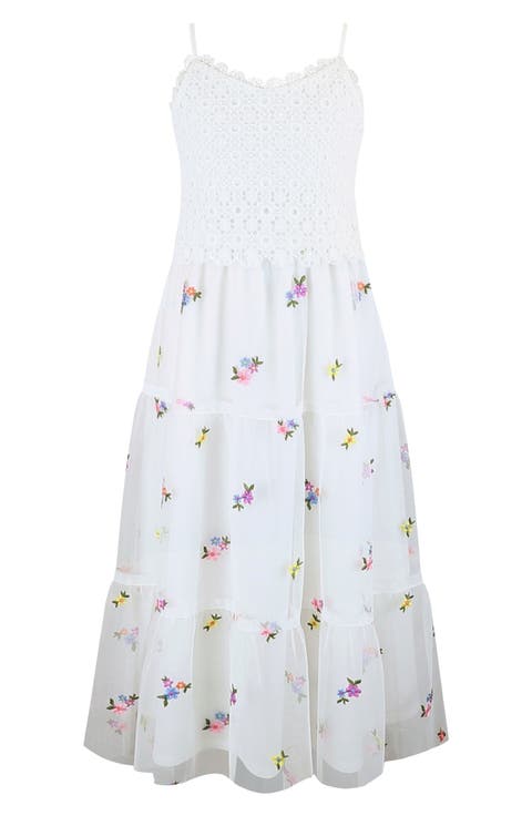 Kids' Crochet Bodice Floral Embroidered Tiered Mesh Maxi Dress (Big Kid)