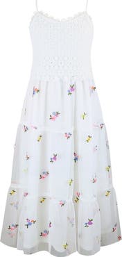 Zunie Kids' Crochet Bodice Floral Embroidered Tiered Mesh Maxi Dress