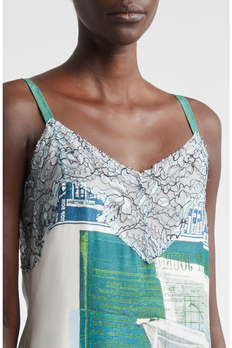 Collage Print Lace Trim Silk Midi Dress, Alternate, color, BLUE GREEN MULTI