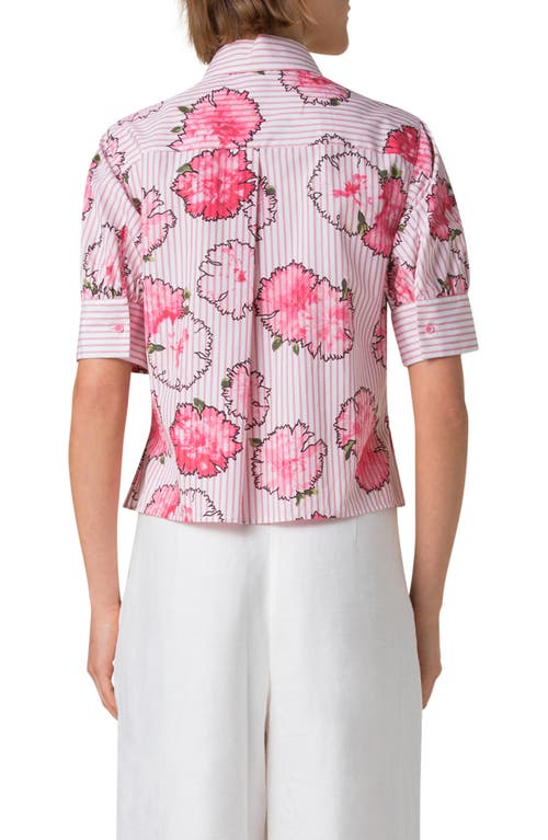 Akris Punto Carnation Print Stripe Short Sleeve Cotton Poplin Button-up Shirt In Cream-pale Pink