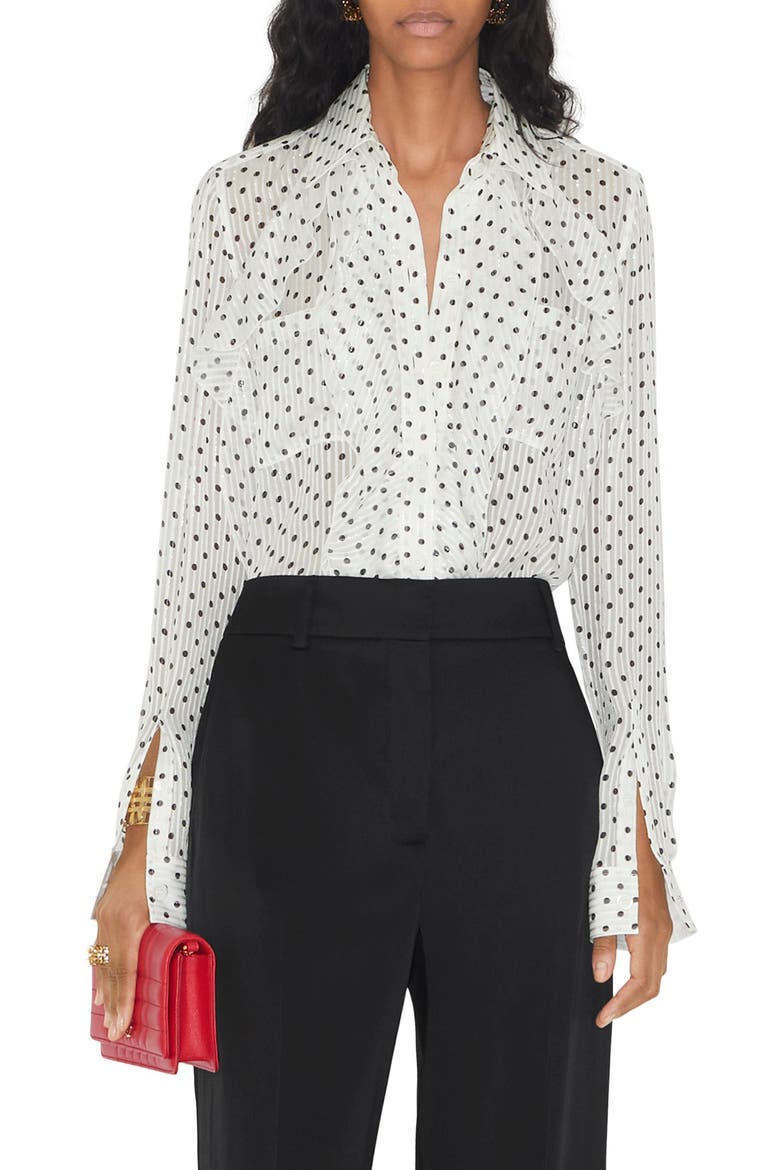 Freddy Polka Dot Ruffle Chiffon Blouse, Main, color, WHITE IP PAT