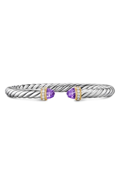 Cable Flex Bracelet in Sterling Silver with 14K Gold, Prasiolite & Diamonds, 6mm