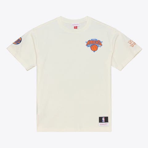 Men's Mitchell & Ness Cream New York Knicks Hardwood Classics Chainstitch Premium T-Shirt