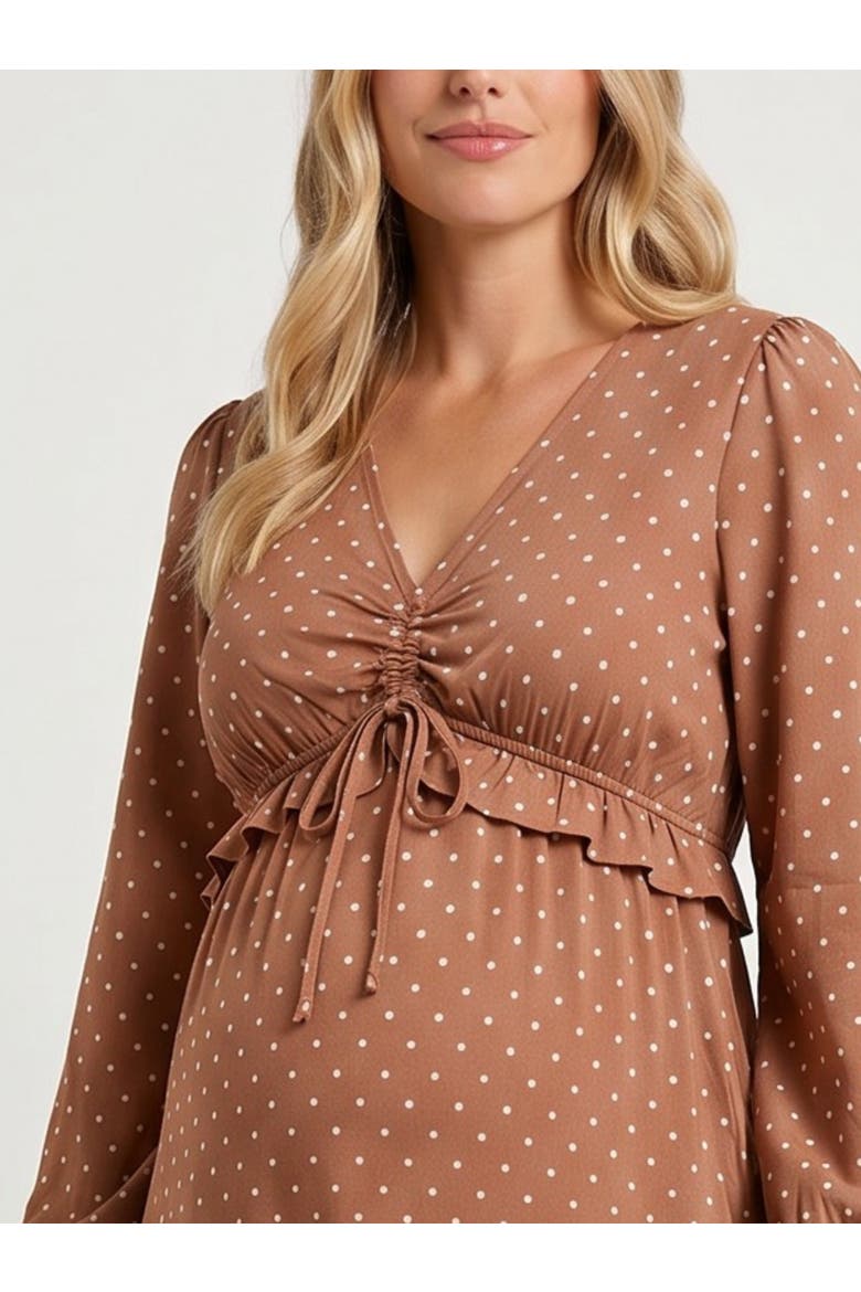 Long Sleeve Ruffle Midi Maternity Dress, Alternate, color, Mocha Mousse & Vanilla Dot