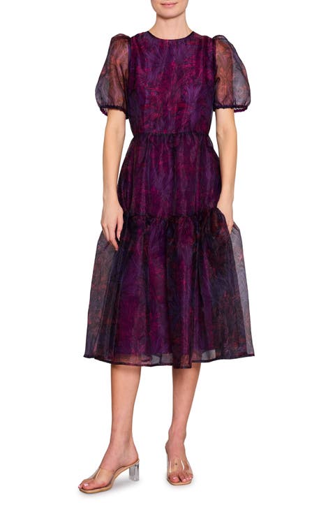 Print Puff Sleeve Tiered Midi Dress