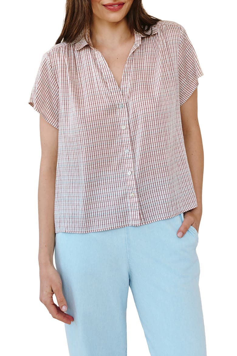 Check Shirred Short Sleeve Button-Up Shirt, Alternate, color, SUNWASHED CHECK