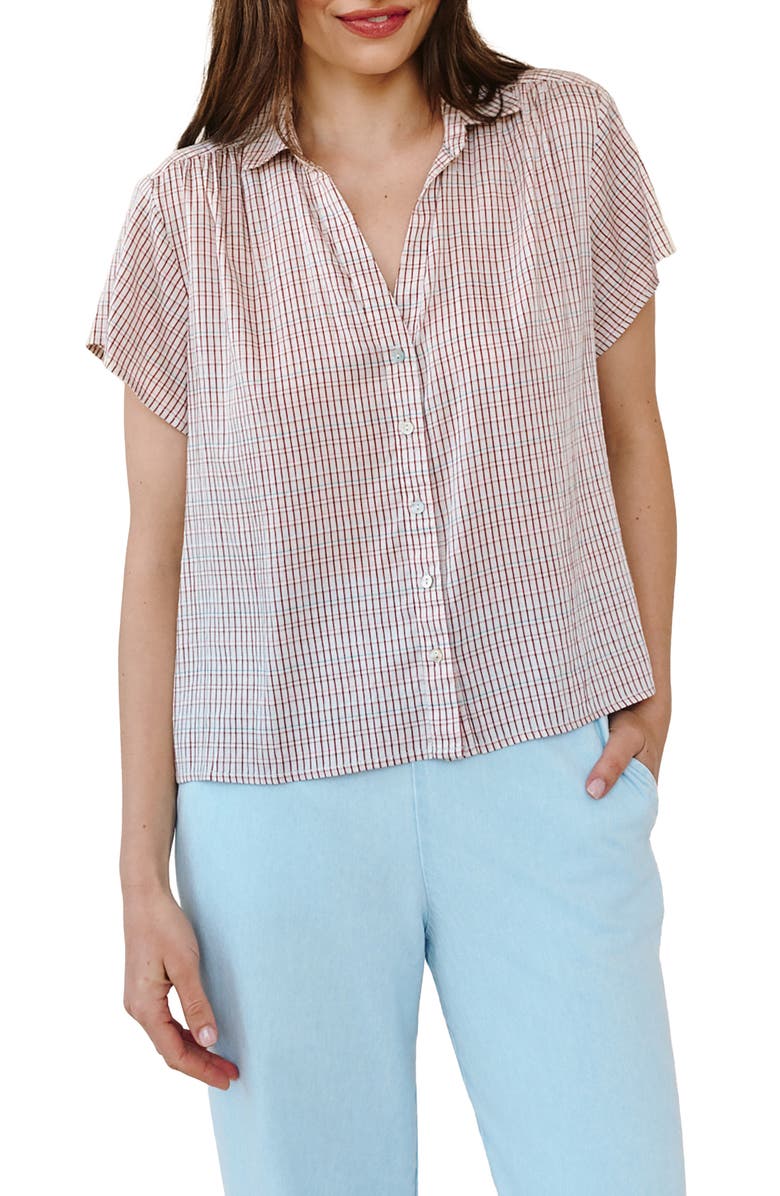 Bella Dahl Check Shirred Short Sleeve Button-Up Shirt, Alternate, color, Sunwashed Check