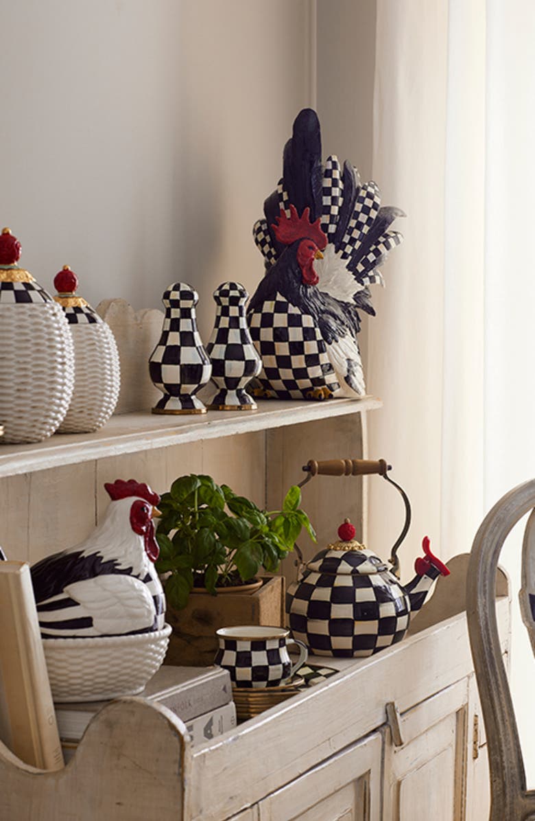 MACKENZIE CHILDS Courtly Check Enameled Steel Whistling Tea Kettle, Alternate, color, Black/ White