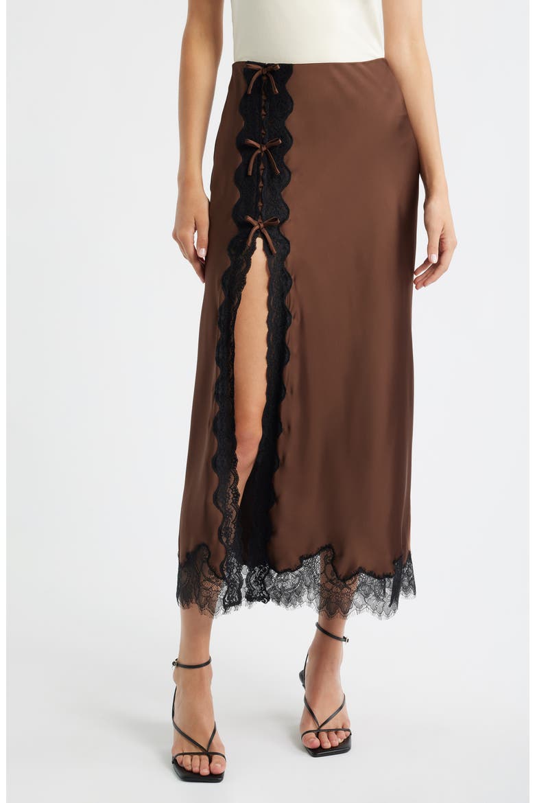 Calder Lace Trim Satin Midi Skirt, Main, color, CHOCOLATE BROWN