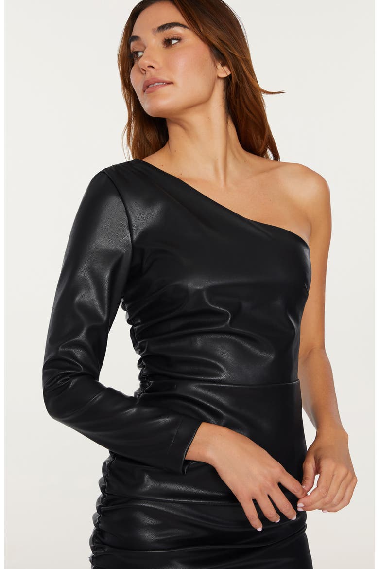 Serena One-Shoulder Single Long Sleeve Faux Leather Minidress, Alternate, color, BLACK