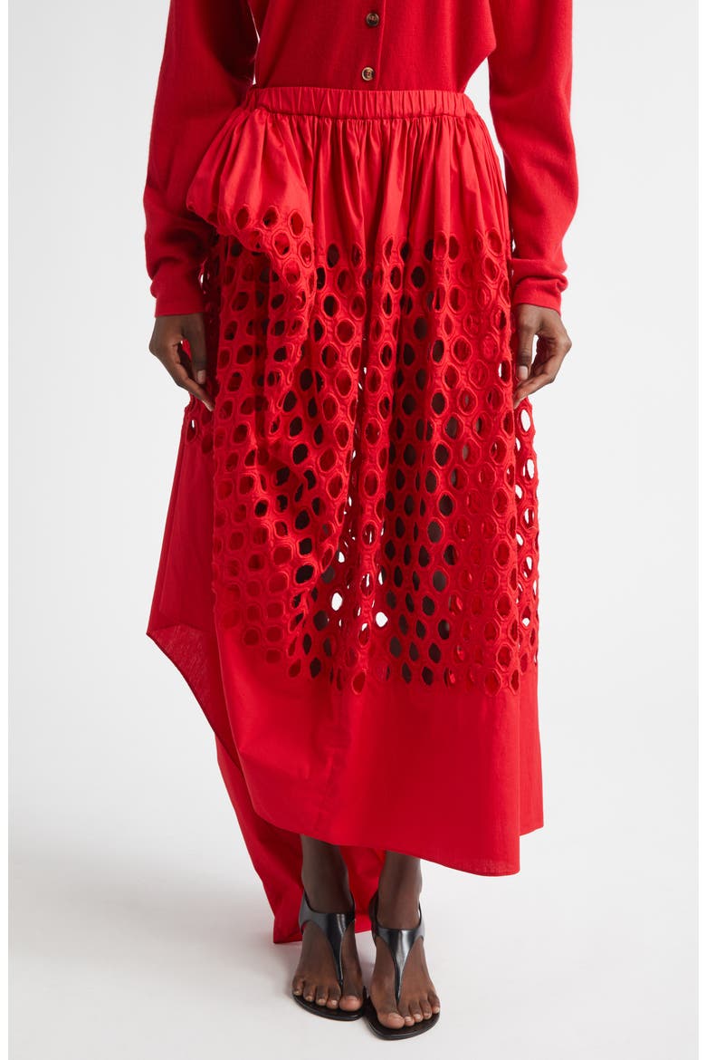Dame Asymmetric Cotton Eyelet Skirt, Main, color, GRENADINE