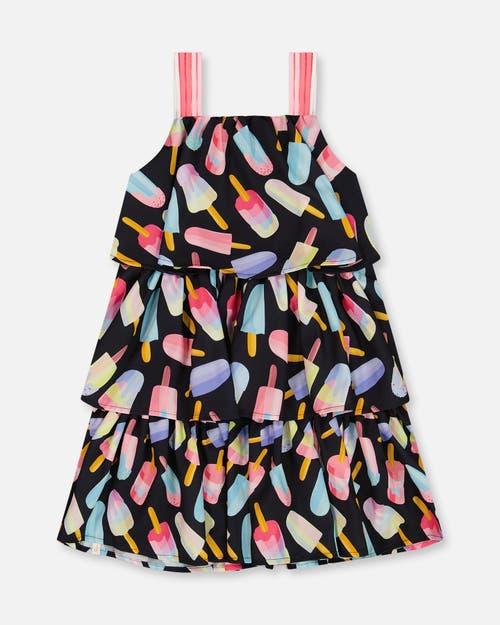 Deux Par Deux Little Girl's Printed Tiered Dress Ice Lollipops And Black In Ice Lollipops And Black