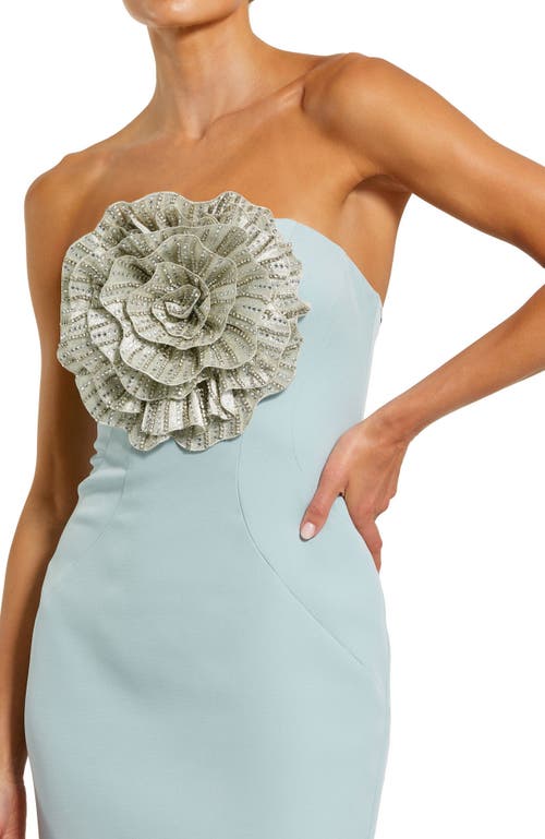 Mac Duggal Crepe Strapless Gown With 3d Rhinestone Flower In Powder Blue
