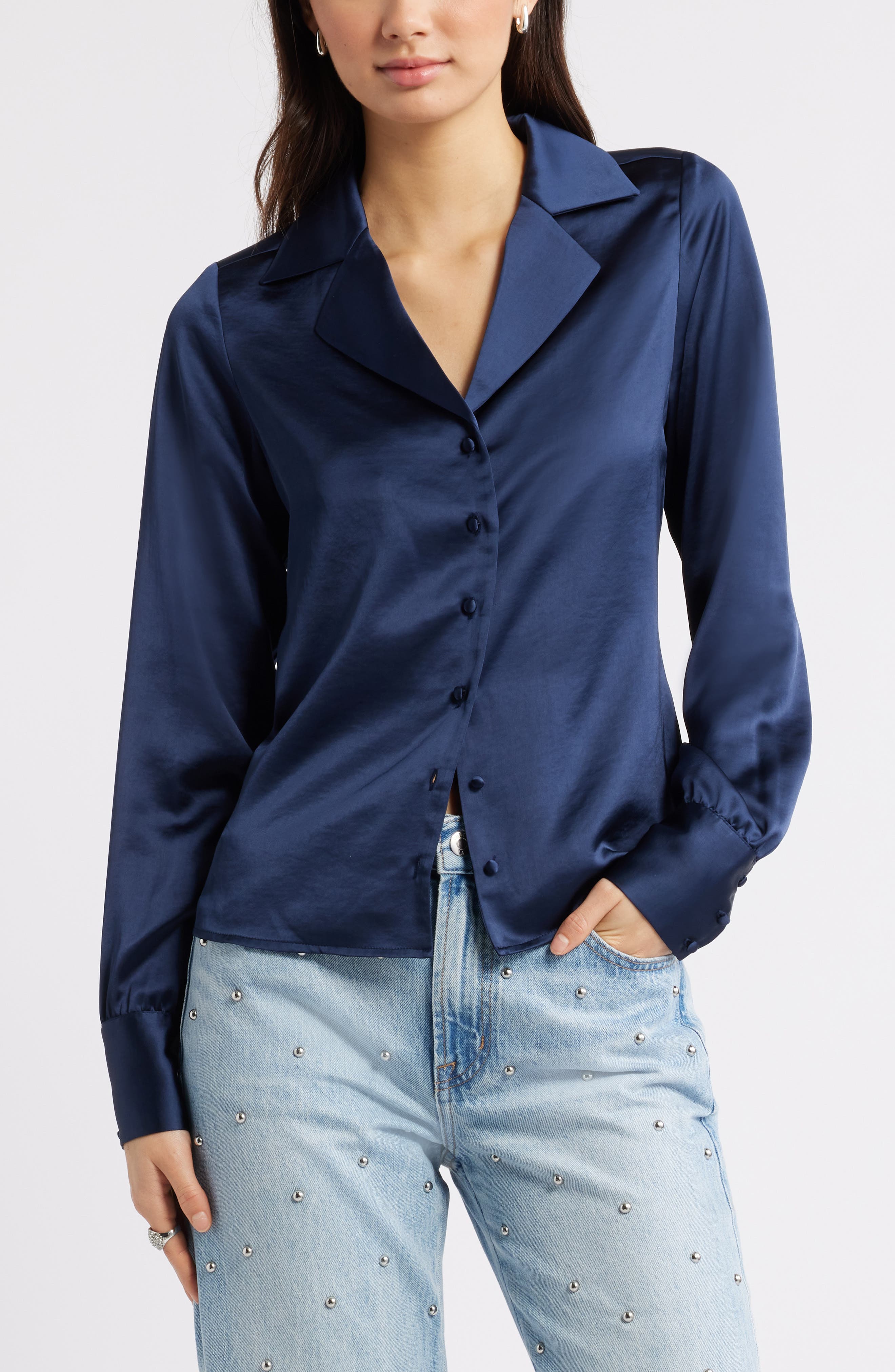 Open Edit Satin Button-Up Shirt