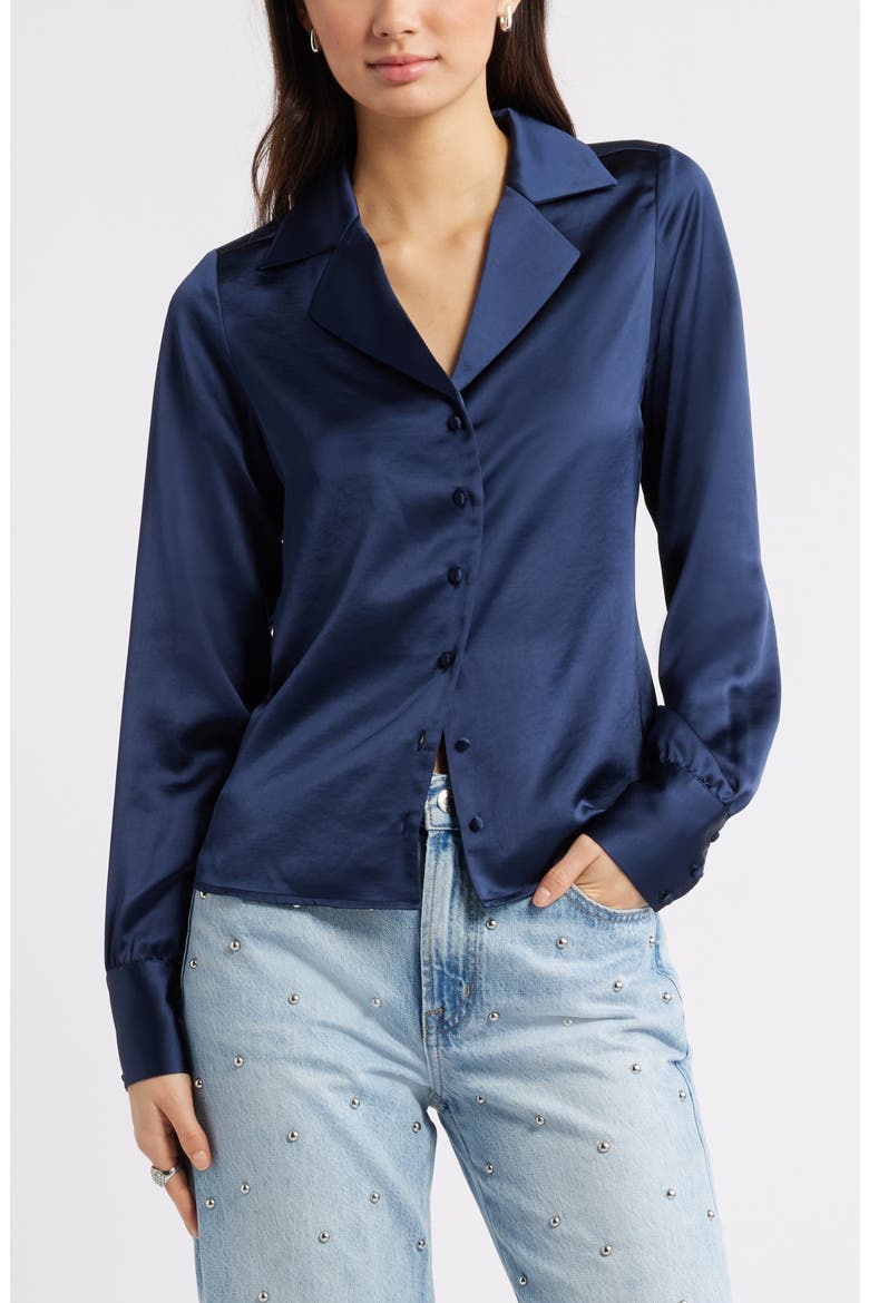 Satin Button-Up Shirt, Main, color, NAVY IRIS