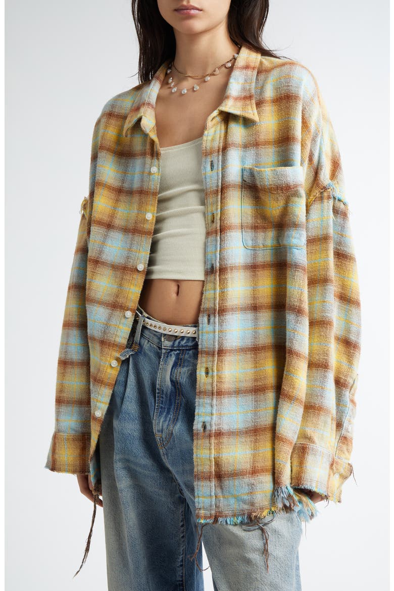 Shredded Seam Drop Neck Plaid Flannel Button-Up Shirt, Alternate, color, LIGHT BLUE/ YELLOW PLAID