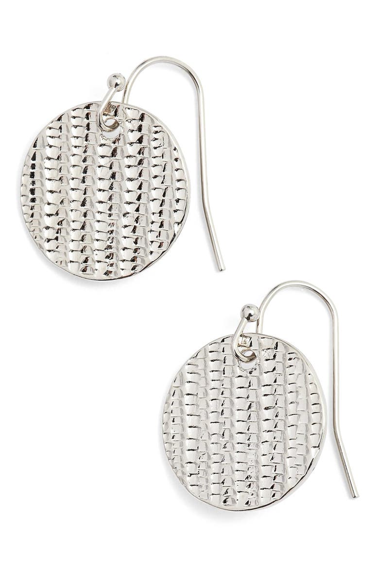 Textured Disc Drop Earrings, Main, color, SILVER