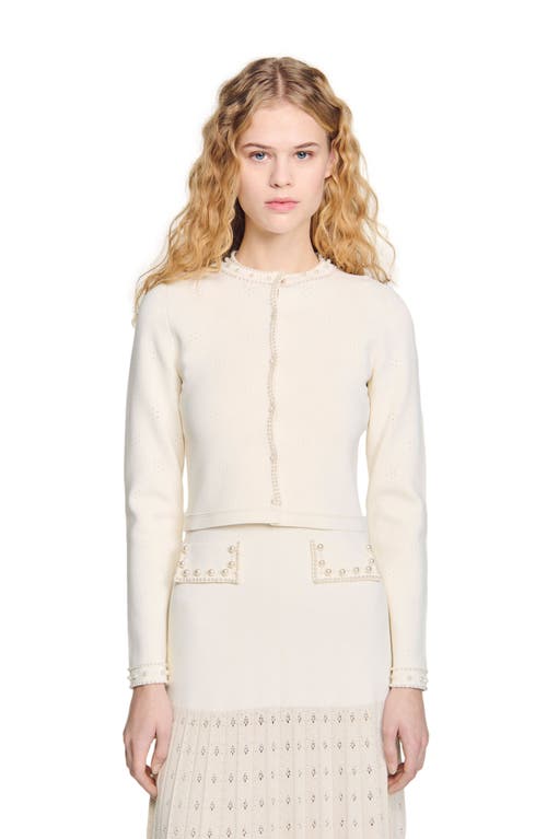 Sandro Cropped Cardigan With Peal Buttons In Ecru