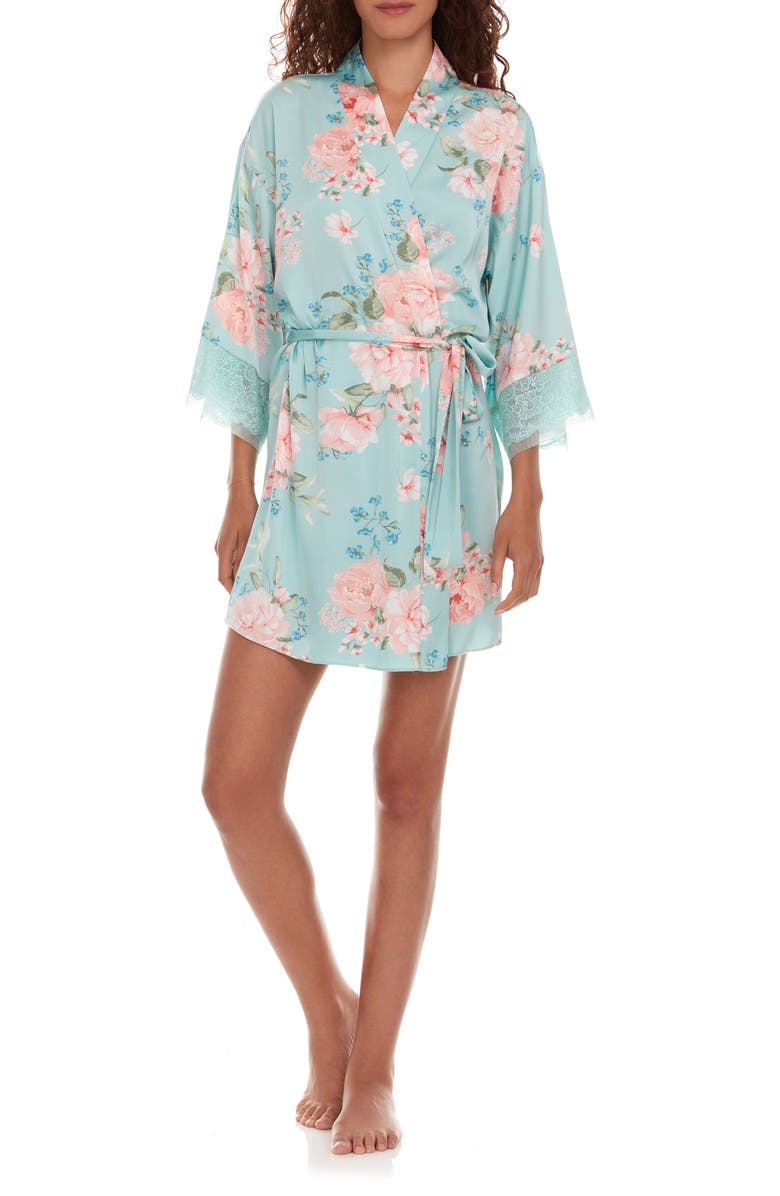Flora Nikrooz Andrea Floral Lace Trim Robe, Main, color, Frosted Teal