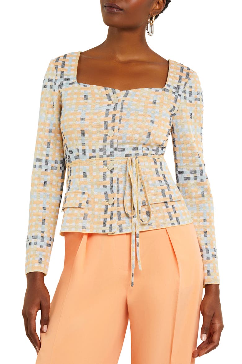 Jacquard Knit Jacket, Main, color, PEACH BLOSSOM/CARIBBEAN MIST