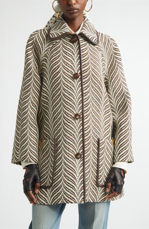 V-Detail Wool Blend Jacquard Coat