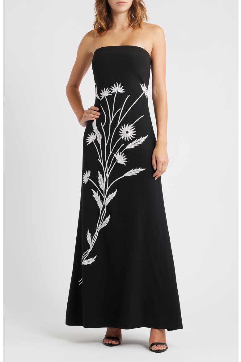 Floral Appliqué Strapless Maxi Dress, Main, color, RICH BLACK
