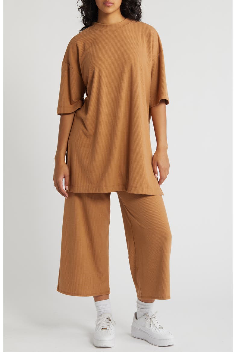 Lex Rib Oversize T-Shirt & High Waist Crop Pants, Main, color, SUNTAN