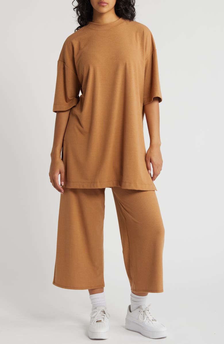 Dressed in Lala Lex Rib Oversize T-Shirt & High Waist Crop Pants, Main, color, Suntan