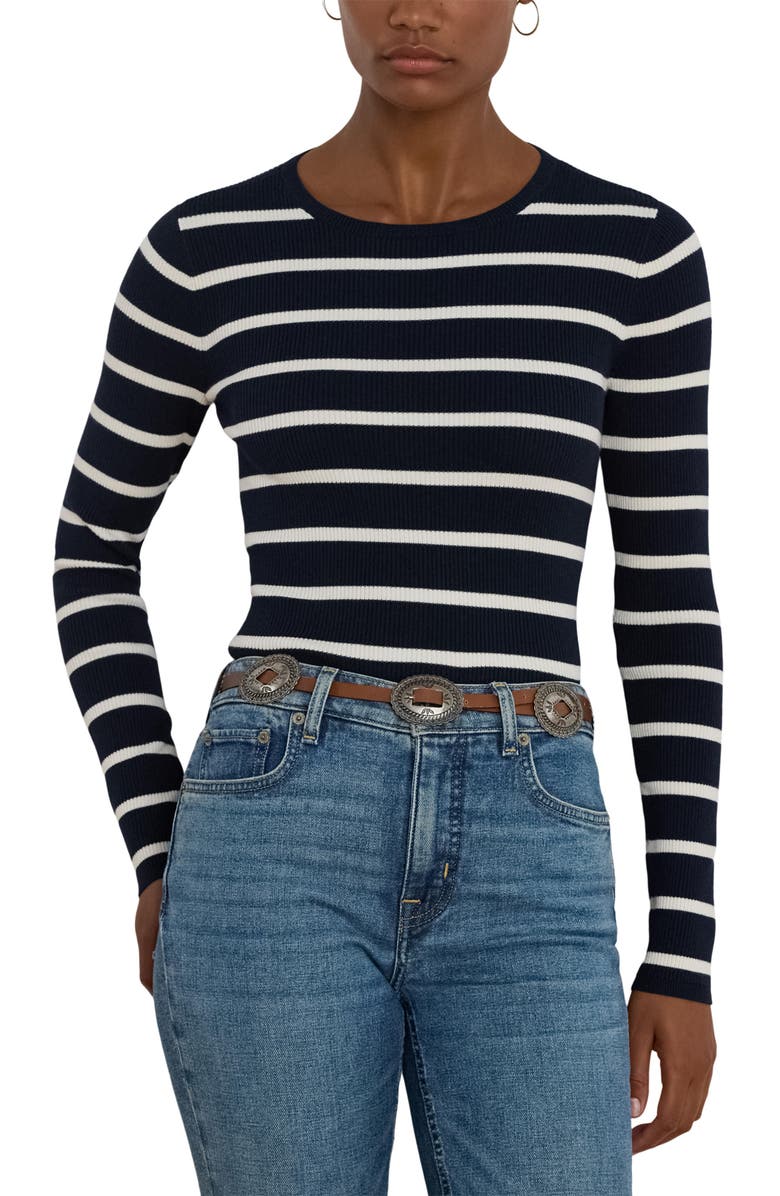 Lauren Ralph Lauren Stripe Cotton Blend Rib T-Shirt, Main, color, Lauren Navy/ Mascarpone Cream